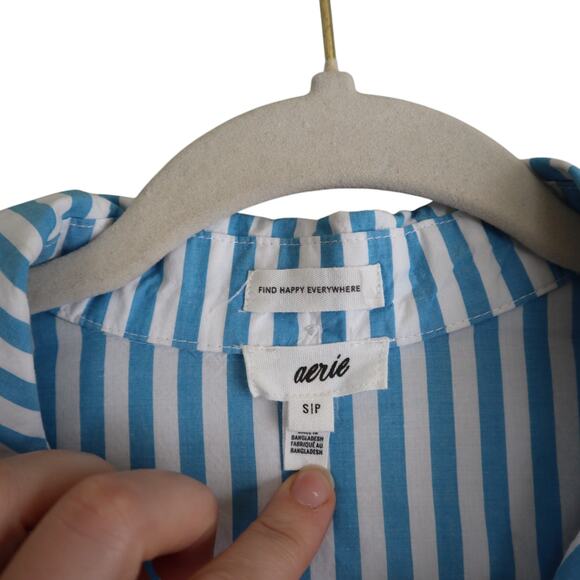 Aerie Womens Poplin Pajama Shirt Size Small Blue White Stripe Cotton Cropped - Picture 4 of 11